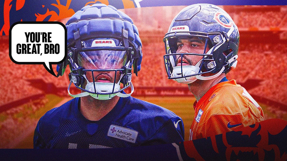 Rome Odunze tells Caleb Williams "you're great, bro" (both in Bears uniforms)
