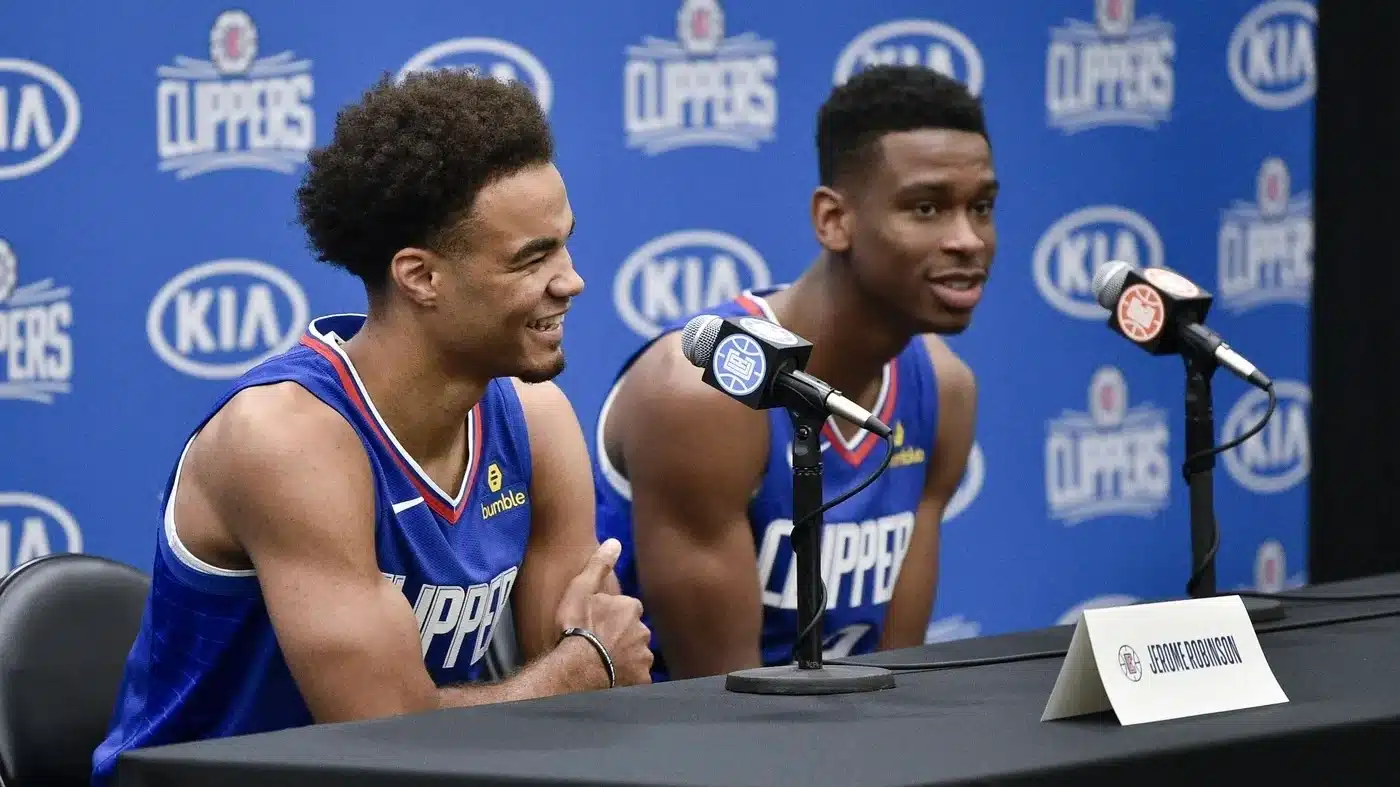 Los Angeles Clippers guard Shai Gilgeous-Alexander (2) and guard Jerome Robinson (left) are interviewed by the media during Media Day at L.A. Clippers Training Center.