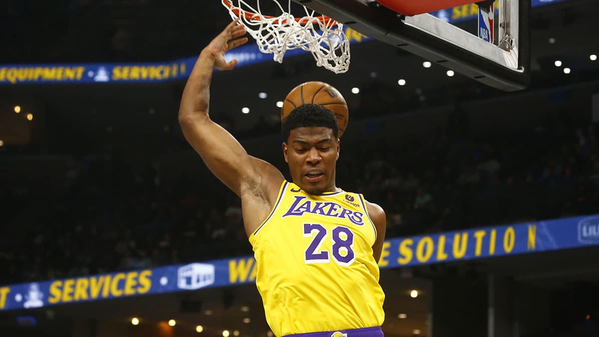Apr 12, 2024; Memphis, Tennessee, USA; Los Angeles Lakers forward Rui Hachimura (28) dunks during the first half against the Memphis Grizzlies at FedExForum. Mandatory Credit: Petre Thomas-USA TODAY Sports