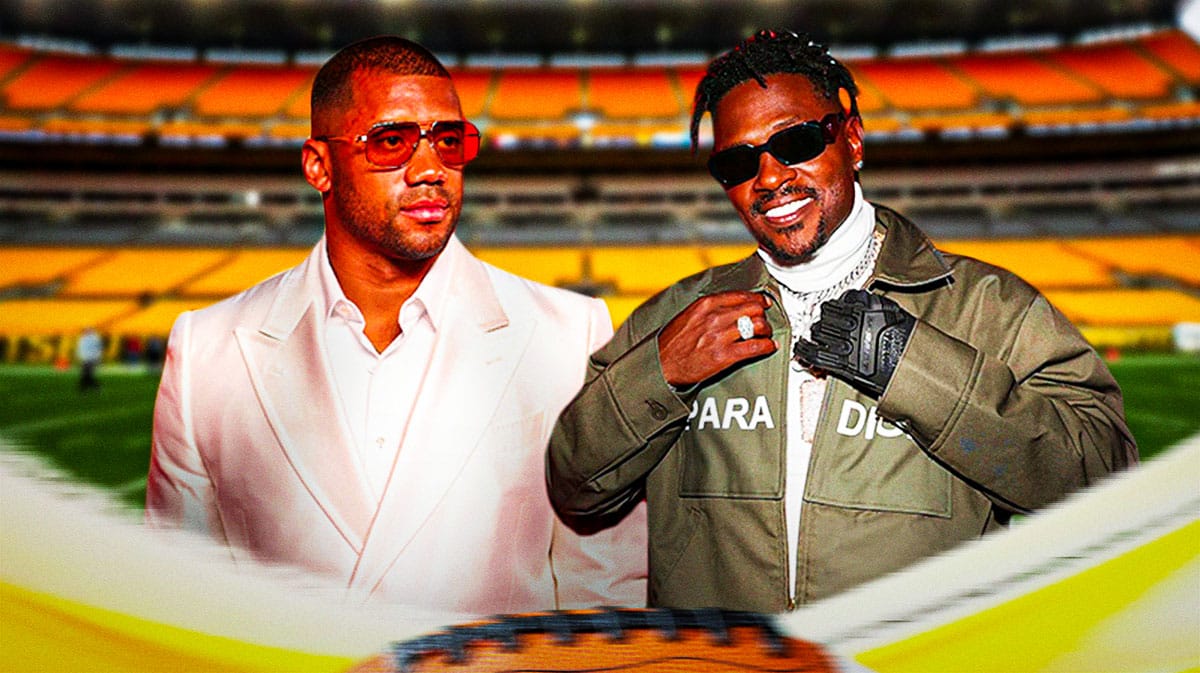 Russell Wilson and Antonio Brown with Steelers' stadium in background