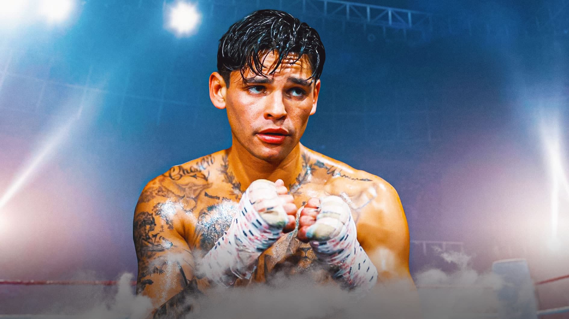 Boxing star Ryan Garcia looks at Devin Haney, PED reporters in background
