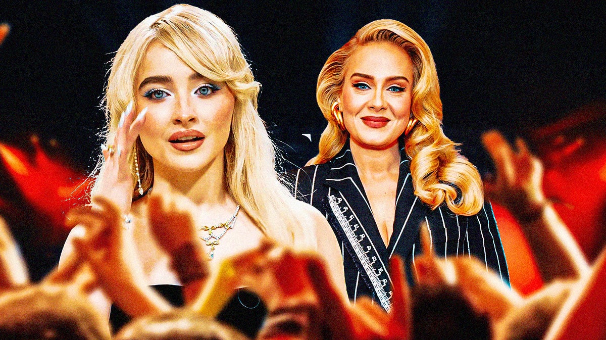 Sabrina Carpenter and Adele with concert crowd.