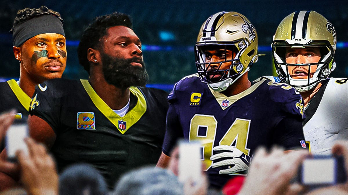 Courtland Sutton and Josh Sweat in Saints uniforms next to Derek Carr and Cameron Jordan