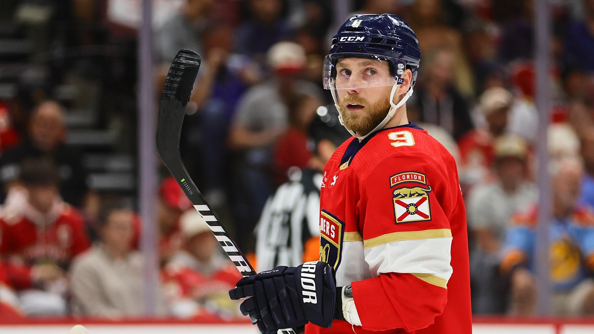 Florida Panthers center Sam Bennett (9) looks on against the Tampa Bay Lightning during the first period in game two of the first round of the 2024 Stanley Cup Playoffs at Amerant Bank Arena.