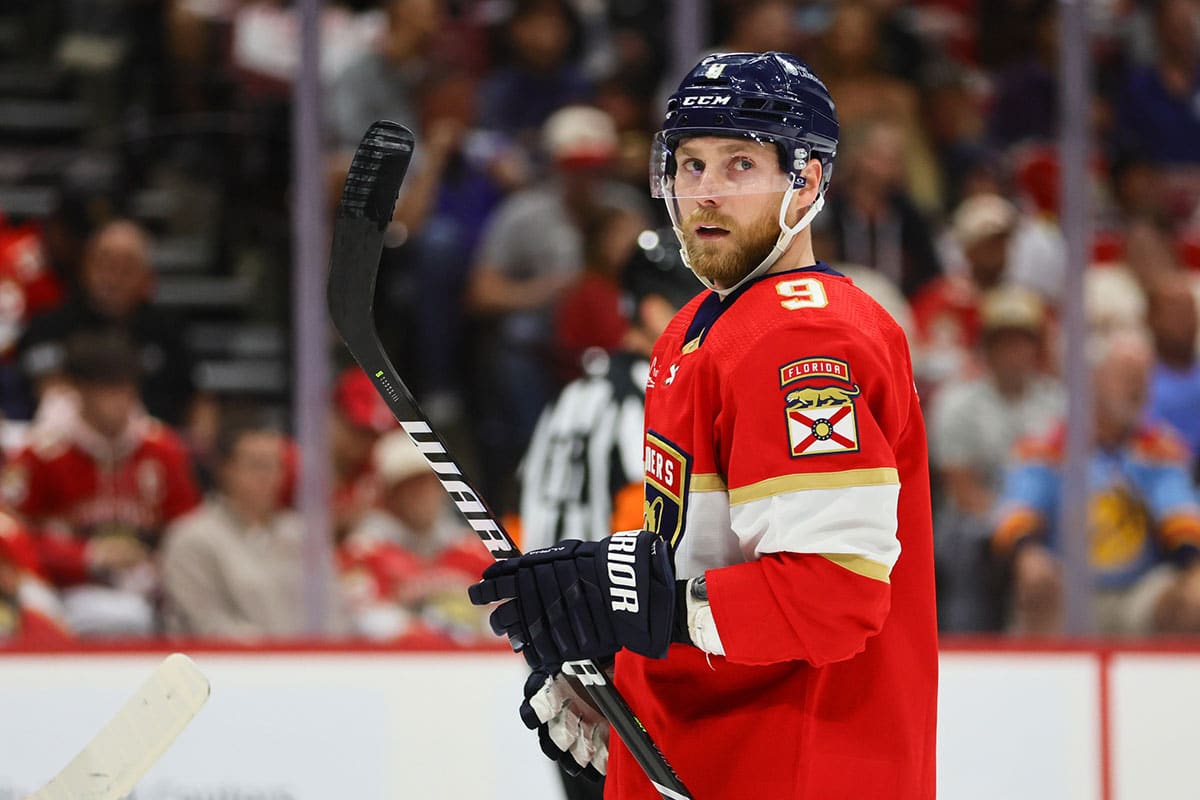 Florida Panthers center Sam Bennett (9) looks on against the Tampa Bay Lightning during the first period in game two of the first round of the 2024 Stanley Cup Playoffs at Amerant Bank Arena.