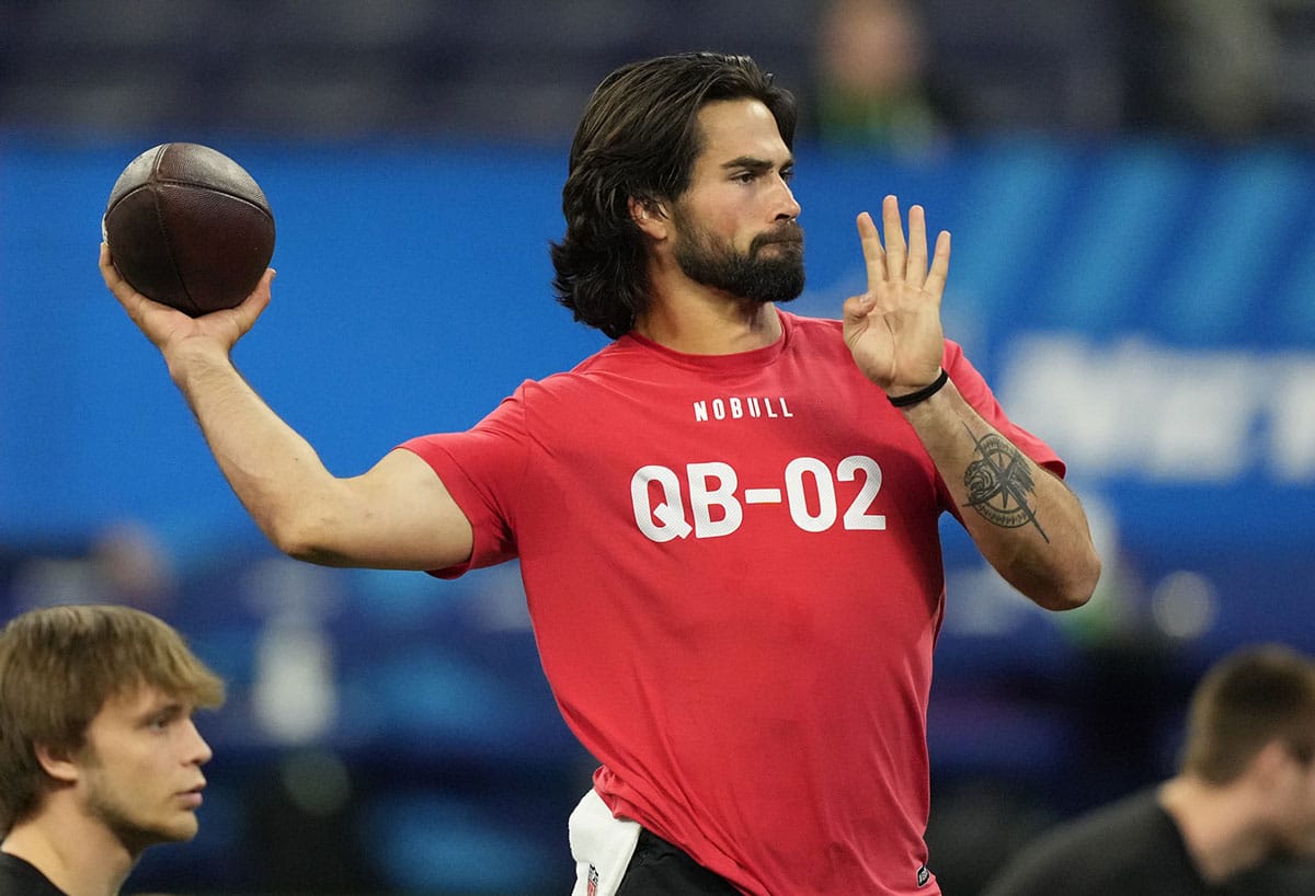 Notre Dame quarterback Sam Hartman (QB02) during the 2024 NFL Combine at Lucas Oil Stadium.