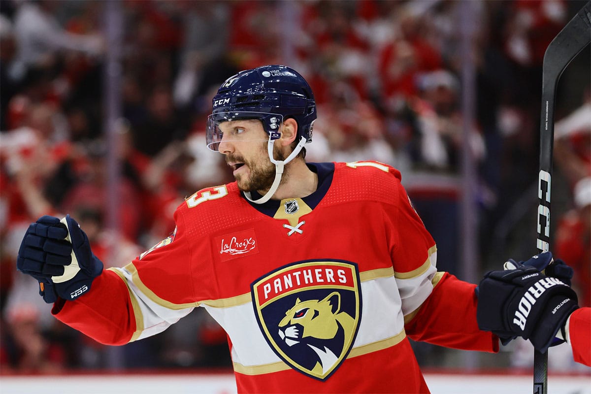 Florida Panthers center Sam Reinhart (13) celebrates after scoring against the New York Rangers during the first period in game three of the Eastern Conference Final of the 2024 Stanley Cup Playoffs at Amerant Bank Arena.