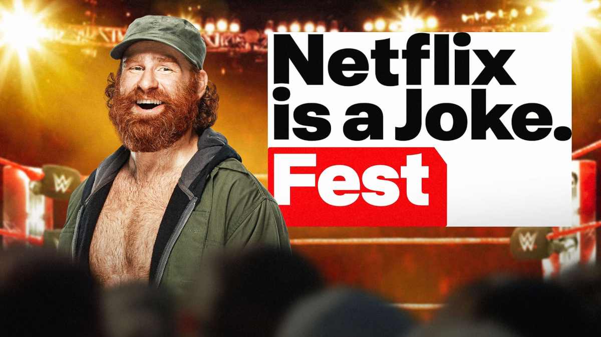 Sami Zayn in front of the Netflix is a Joke logo.