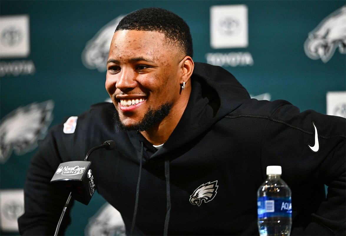 Philadelphia Eagles running back Saquon Barkley speaks during a press conference after signing with the team.