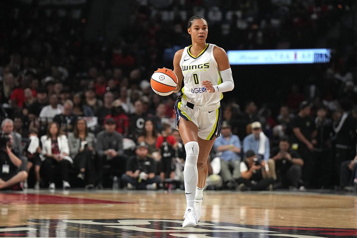 Dallas Wings forward Satou Sabally (0) dribbles downcourt during the first half of game one of the 2023 WNBA Playoffs at Michelob Ultra Arena. 