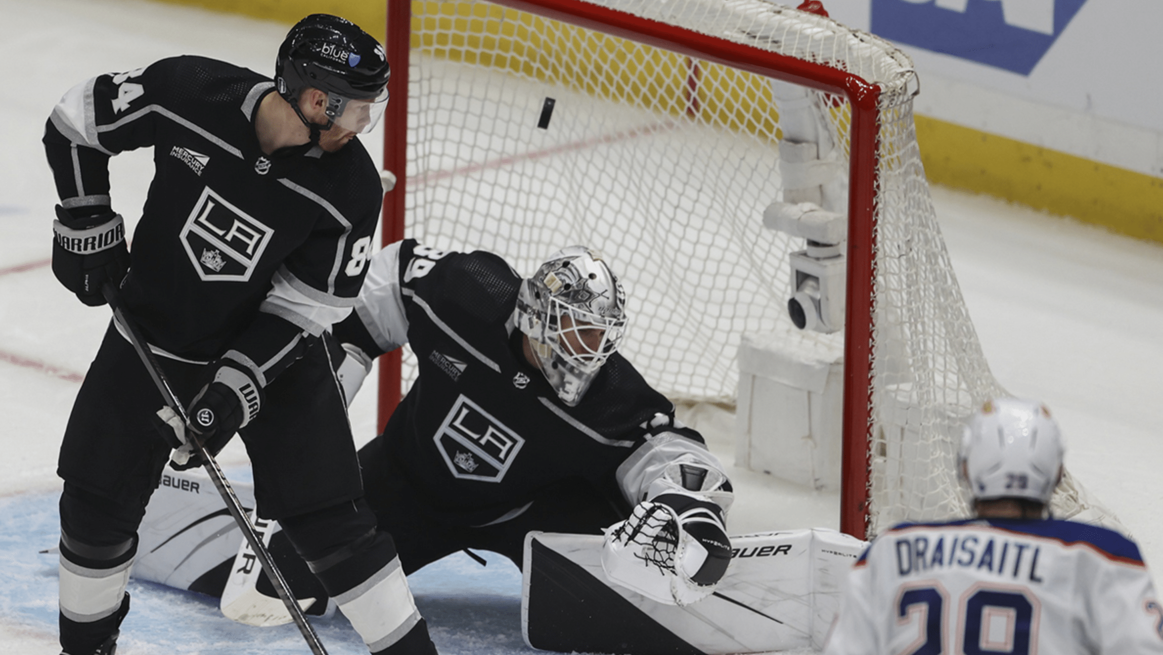  Los Angeles Kings goalie Cam Talbot (39) attempts to block a shot by Edmonton Oilers center Leon Draisaitl (29) in the third period of game three of the first round of the 2024 Stanley Cup Playoffs at Crypto.com Arena.