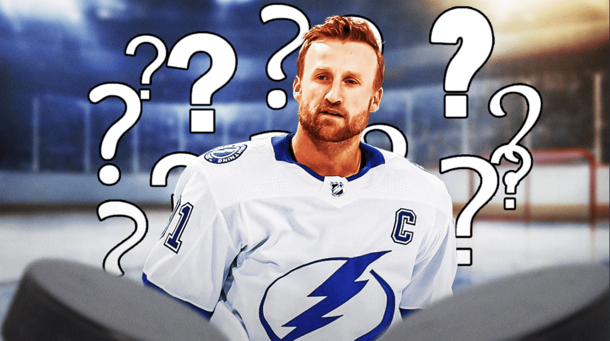 Steven Stamkos in front of an empty rink surrounded by question marks