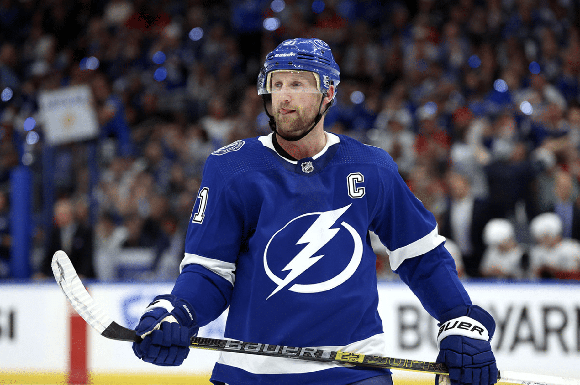  Tampa Bay Lightning center Steven Stamkos (91) looks on against the Florida Panthers during the third period in game four of the first round of the 2024 Stanley Cup Playoffs at Amalie Arena.