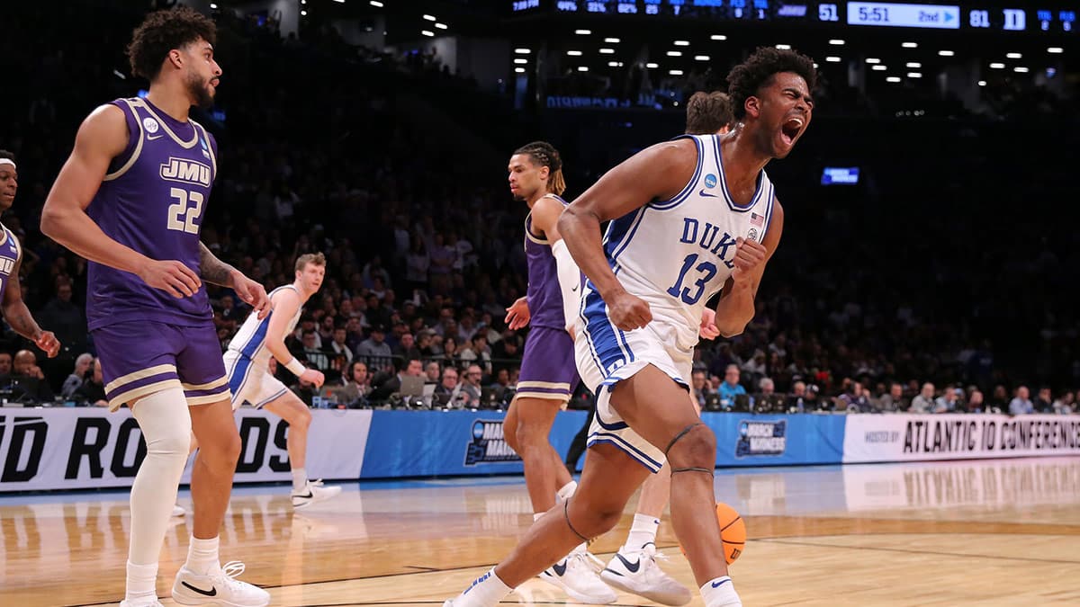 Duke Blue Devils forward Sean Stewart (13) reacts against the James Madison Dukes in the second round of the 2024 NCAA Tournament at Barclays Center.