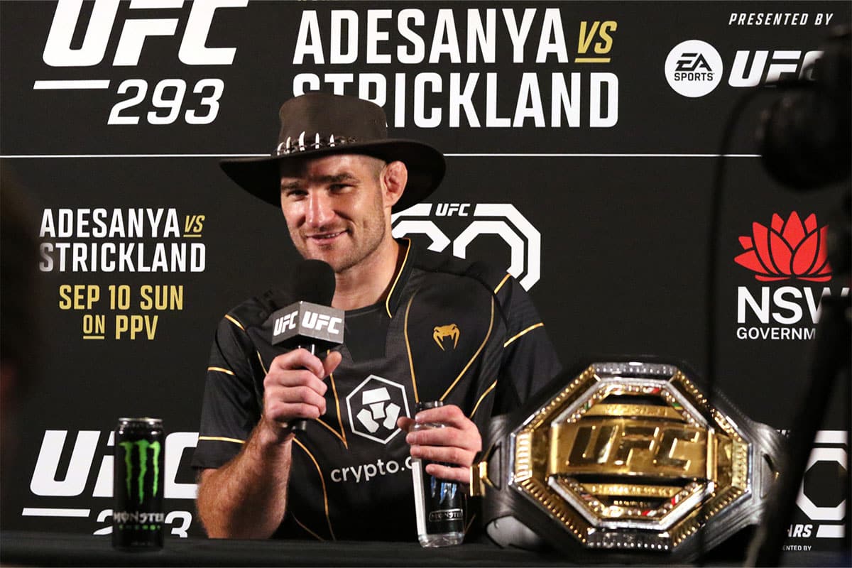 Sean Strickland speaks at a press conference after defeating Israel Adesanya (not pictured) during UFC 293 at Qudos Bank Arena.