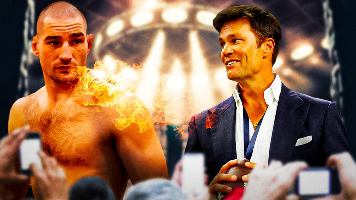 Sean Strickland on one side breathing fire, Tom Brady on the other side