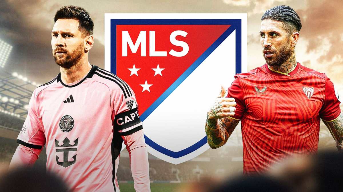 Sergio Ramos and Lionel Messi in front of the MLS logo