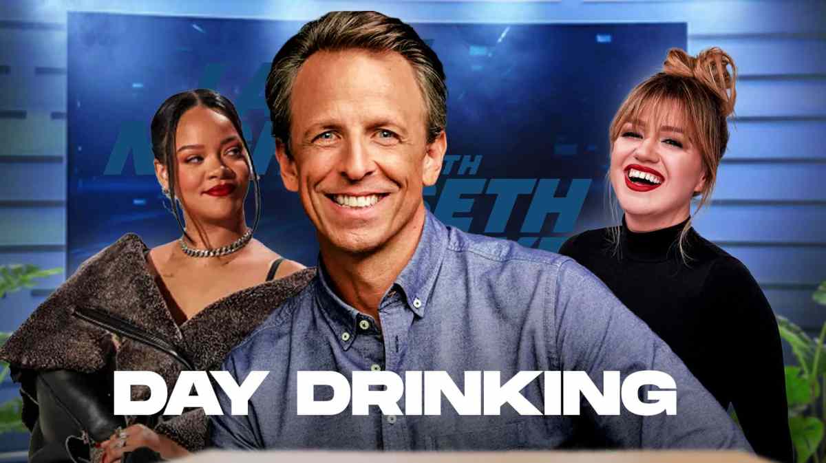 Seth Meyers in the foreground; Rihanna and Kelly Clarkson in the background; Late Night with Seth Meyers