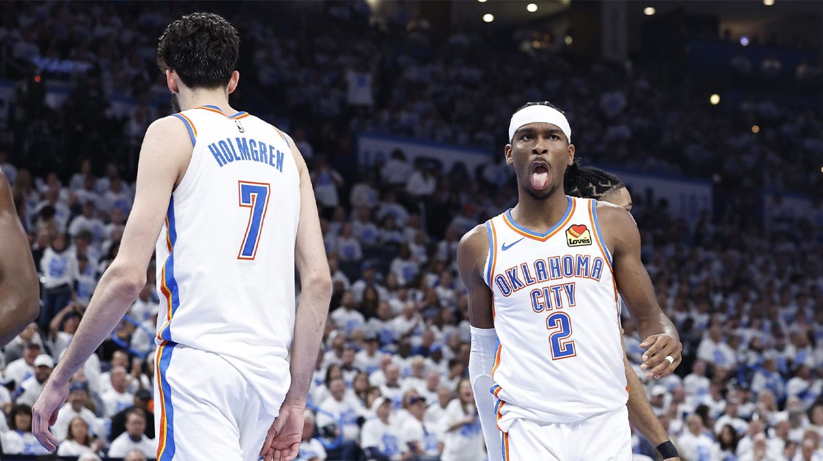 Oklahoma City Thunder guard Shai Gilgeous-Alexander (2) reacts to forward Chet Holmgren (7) blocking a shot by a New Orleans Pelicans player during the second quarter of game one of the first round for the 2024 NBA playoffs at Paycom Center. 