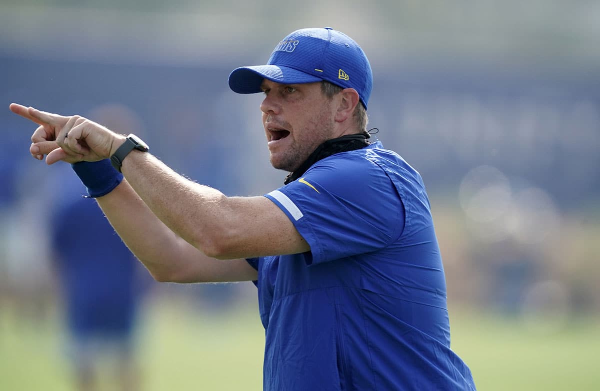 Los Angeles Rams pass game coordinator Shane Waldron gestures during training camp at Cal Lutheran University.