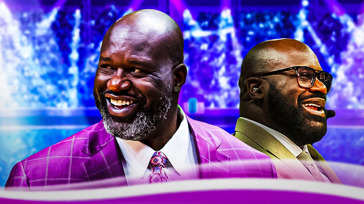 Tom Brady, Tom Brady roast, Shaq roast, Shaquille O'Neal, Charles Barkley, Shaq laughing with some sort of stage in the background