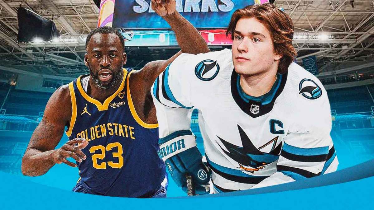 Macklin Celebrini and Warriors' Draymond Green after the Sharks win the NHL Draft Lottery.