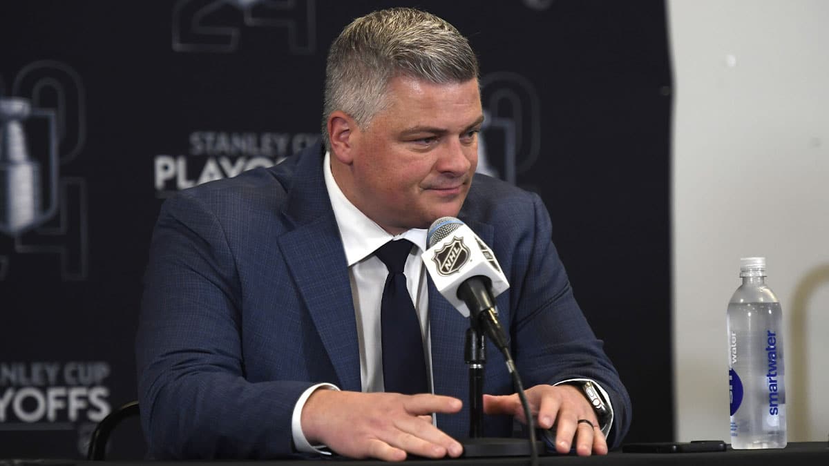 Toronto Maple Leafs coach Sheldon Keefe speaks to the media after being defeated by the Boston Bruins in game seven of the first round of the 2024 Stanley Cup Playoffs at TD Garden.