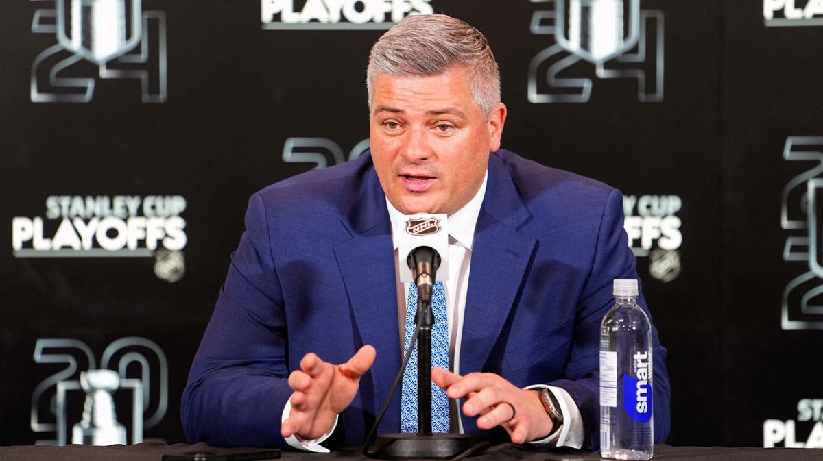 Toronto Maple Leafs head coach Sheldon Keefe talks to the media following a loss to the Boston Bruins in game three of the first round of the 2024 Stanley Cup Playoffs at Scotiabank Arena.