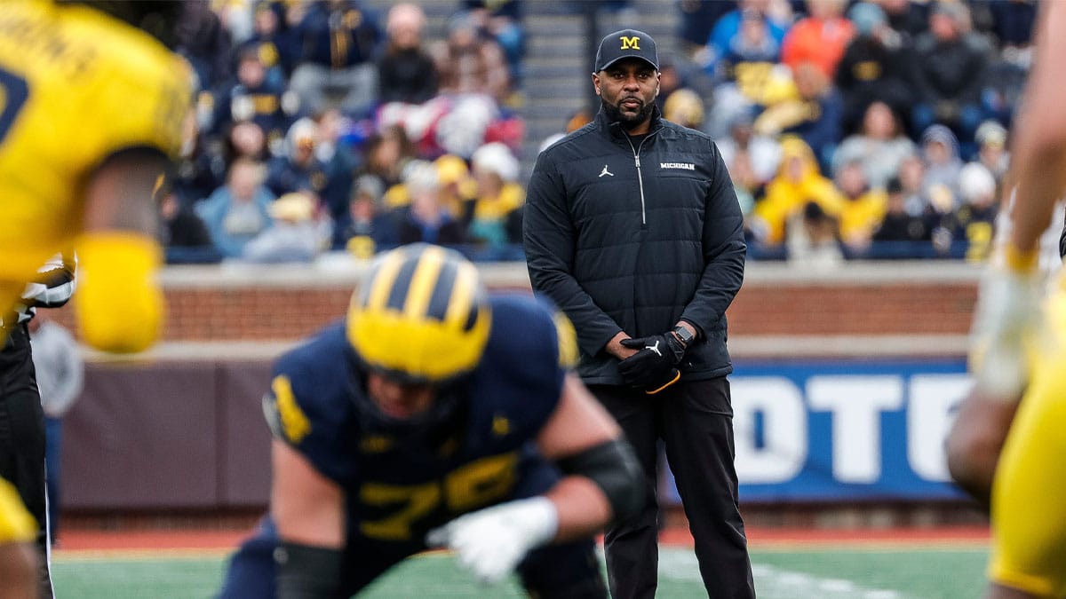 Michigan head coach Sherrone Moore watches a play during the first half of the spring game at Michigan Stadium