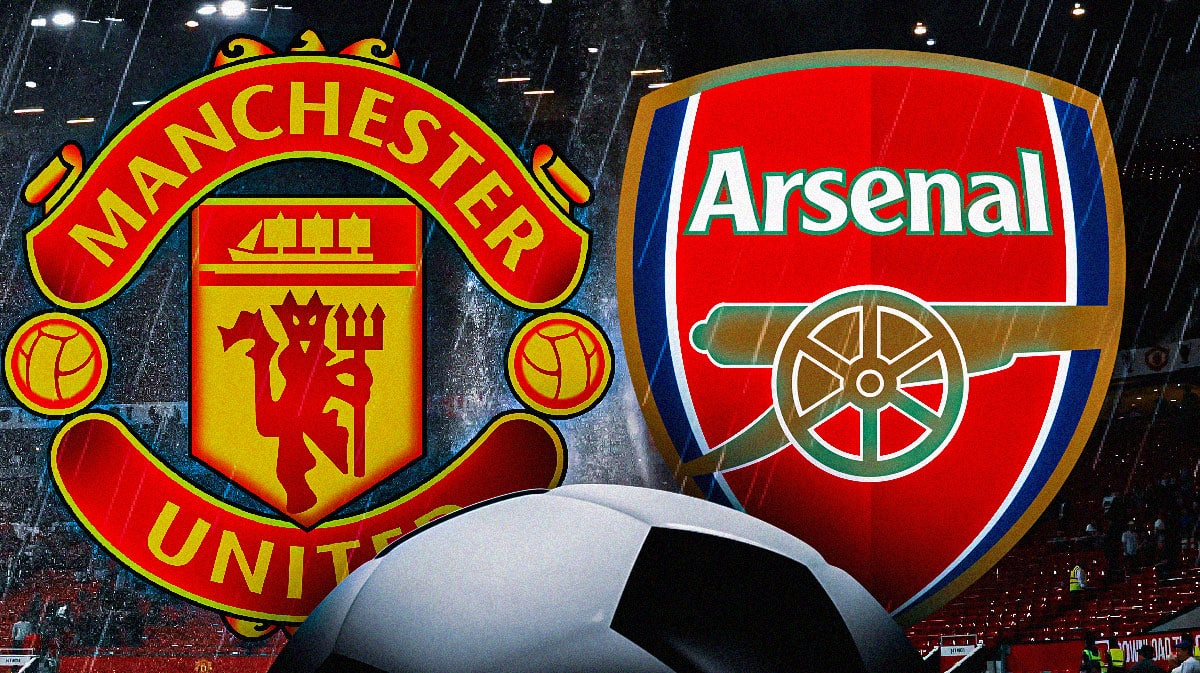 The Old trafford stadium with heavy rain, the Manchester United and Arsenal logos at the back