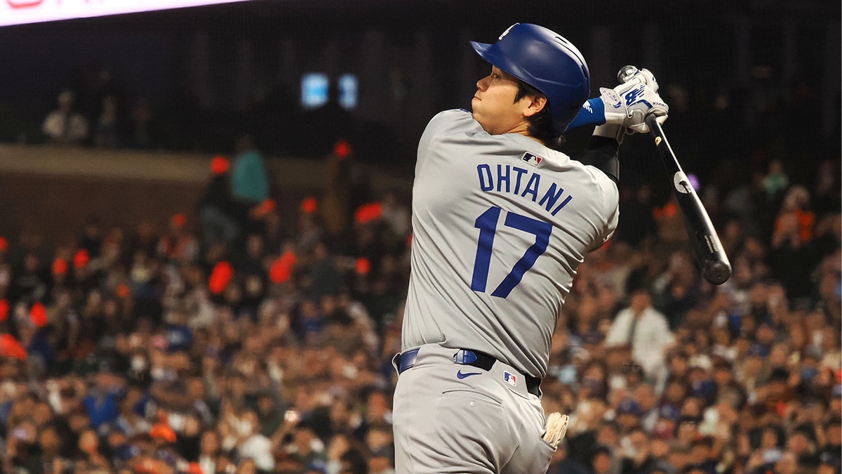 Los Angeles Dodgers designated hitter Shohei Ohtani (17) hits a RBI double against the San Francisco Giants during the seventh inning at Oracle Park