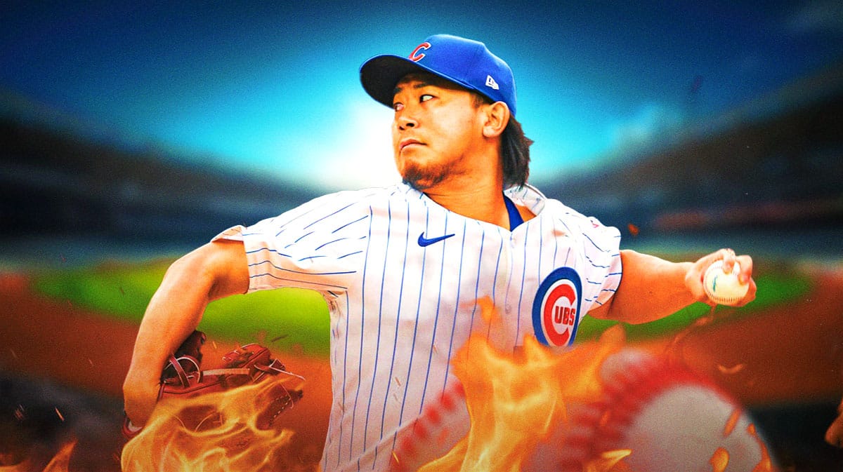 Shota Imanaga throwing a baseball with flames coming off of it