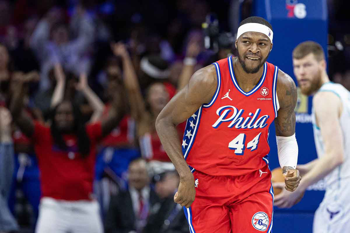 Philadelphia 76ers forward Paul Reed (44) smirks after his dunk against the Charlotte Hornets during the fourth quarter at Wells Fargo Center