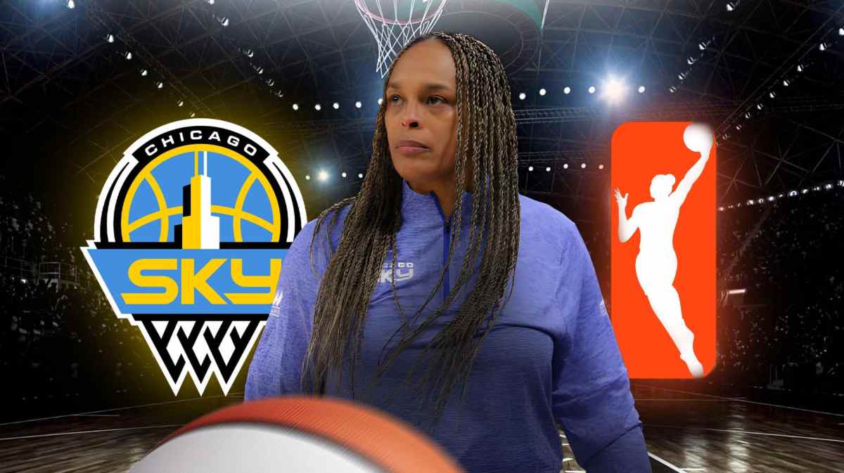 Sky' Teresa Weatherspoon stands next to WNBA lo before 2024 season, Angel Reese, Kamilla Cardoso in background