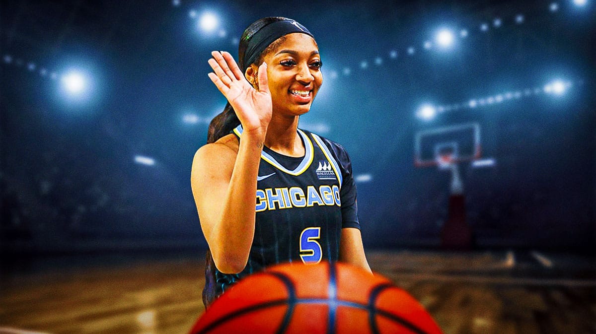 Chicago Sky player Angel Reese waving with basketballs