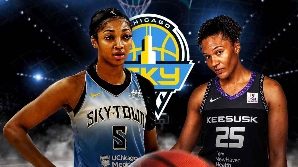 Sky's Angel Reese stands next to Sun's Alyssa Thomas