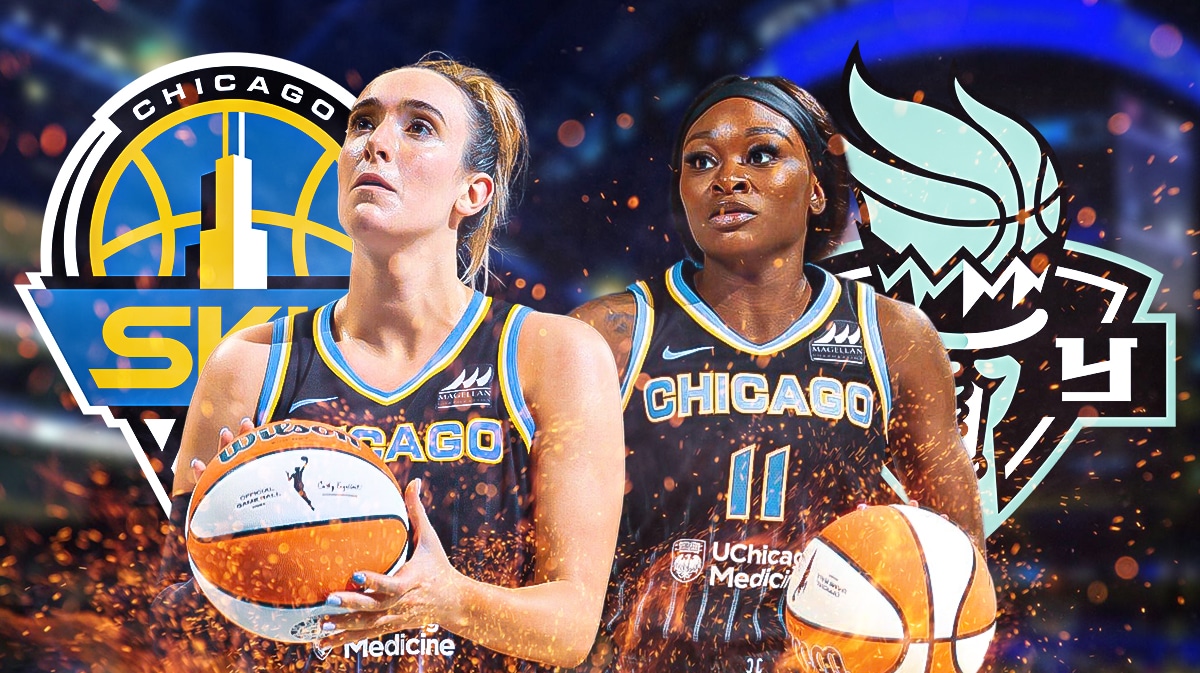 Chicago Sky's Marina Mabrey stands next to Liberty logo, Breanna Stewart in background