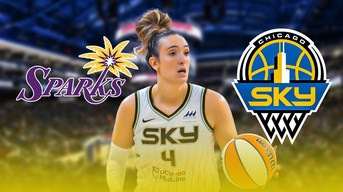 Sky's Marina Mabrey stands next to Sparks logo, Cameron Brink in background