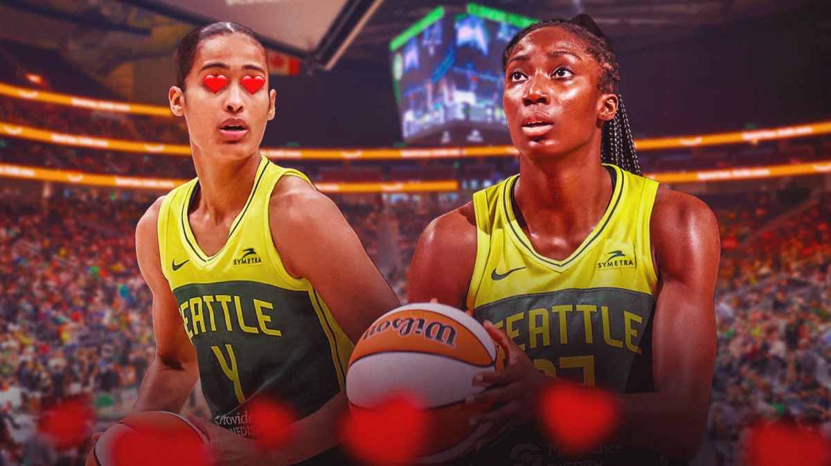 Seattle Storm player Syklar Diggins-Smith with heart eyes and Seattle Storm player Ezi Magbegor, playing basketball