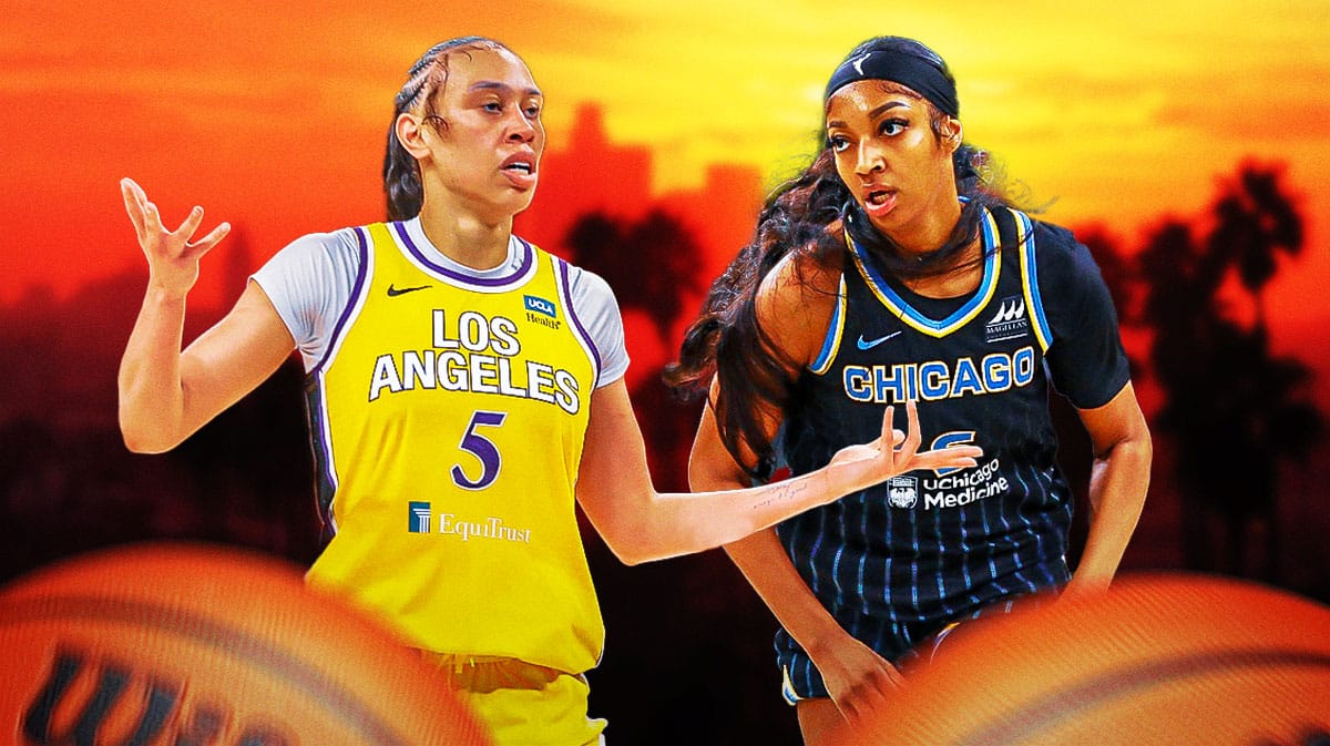 Los Angeles Sparks player Dearica Hamby next to Chicago Sky player Angel Reese