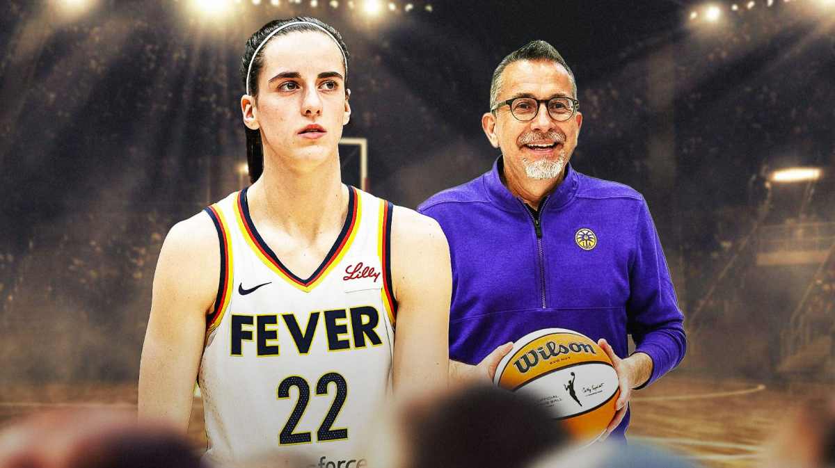Caitlin Clark alongside Sparks head coach Curt Miller with the Sparks arena in the background, Fever