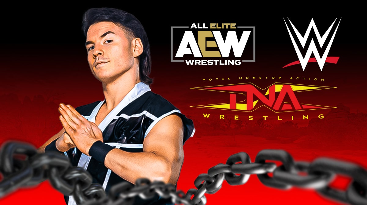 "Speedball" Mike Bailey with a text bubble reading "This is a contract year" in a wrestling ring with the AEW, WWE, and TNA logos in the background.