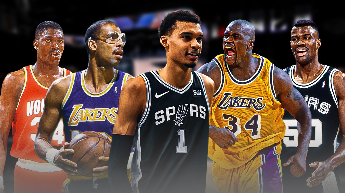 Victor Wembanyama, Shaquille O'Neal, Kareem Abdul-Jabbar, Hakeem Olajuwon, David Robinson looking serious