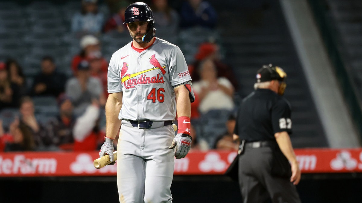 St. Louis Cardinals first baseman Paul Goldschmidt (46) walks back to the dugout after strike out during the ninth inning against the Los Angeles Angels at Angel Stadium.