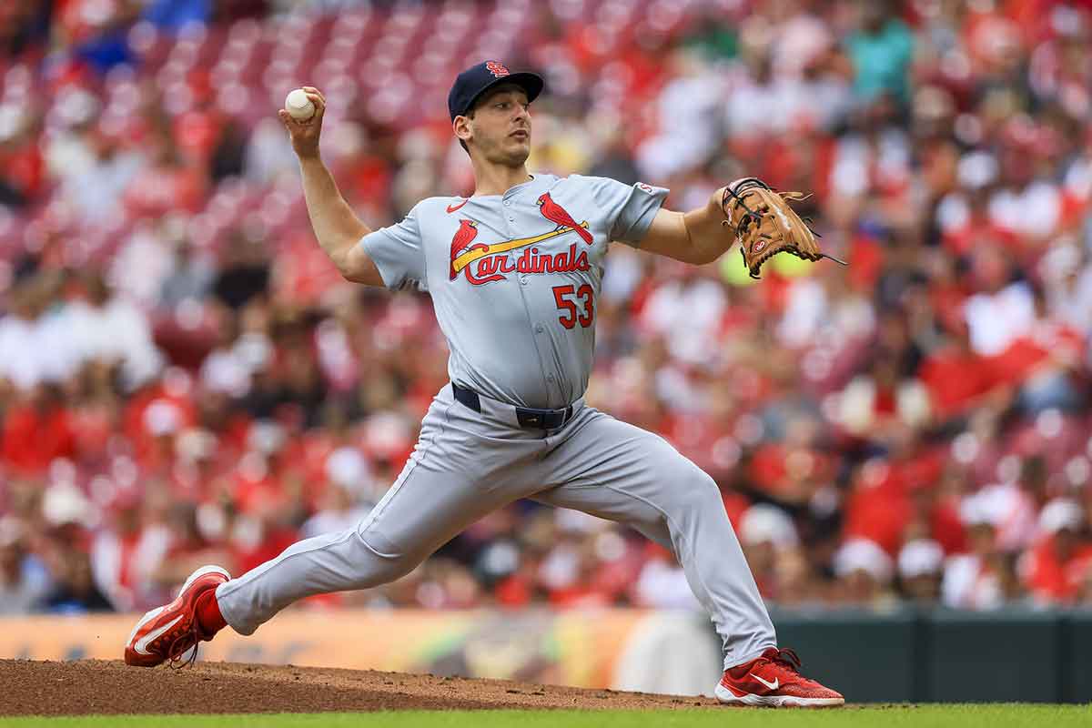 May 29, 2024; Cincinnati, Ohio, USA; St. Louis Cardinals starting pitcher Andre Pallante (53) pitches against the Cincinnati Reds in the first inning at Great American Ball Park. Mandatory Credit: Katie Stratman-USA TODAY Sports