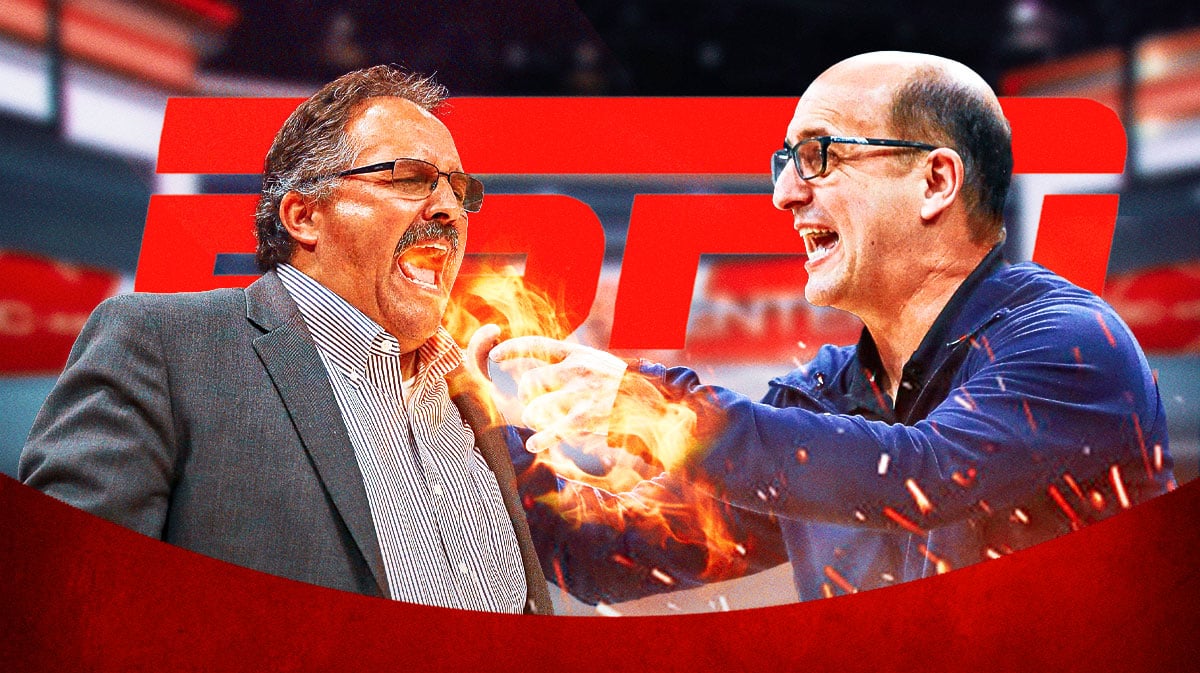 Stan Van Gundy breathing fire. Jeff Van Gundy. ESPN logo in background.