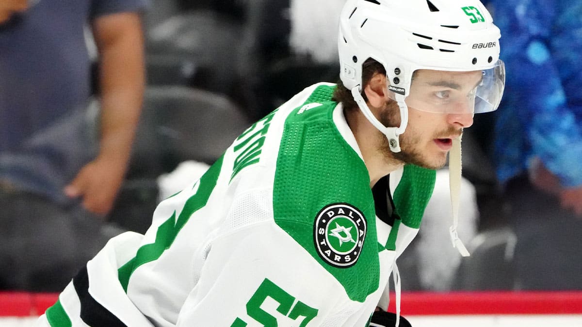 Dallas Stars center Wyatt Johnston (53) before the game against the Colorado Avalanche in game six of the second round of the 2024 Stanley Cup Playoffs at Ball Arena.