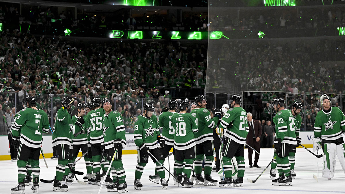 The Dallas Stars wave to the fans after the Stars defeat the Vegas Golden Knights in game seven of the first round of the 2024 Stanley Cup Playoffs at American Airlines Center.