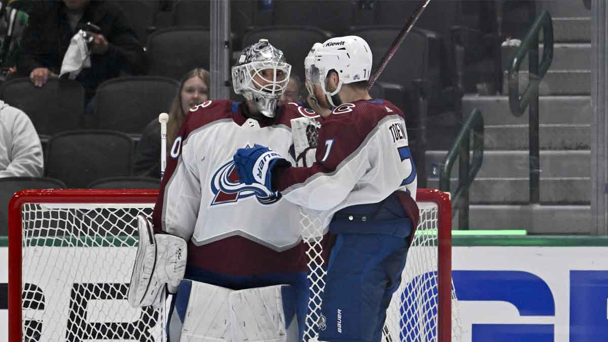 Colorado Avalanche goaltender Alexandar Georgiev (40) and defenseman Devon Toews (7) celebrate defeating the Dallas Stars in game five of the second round of the 2024 Stanley Cup Playoffs at American Airlines Center.