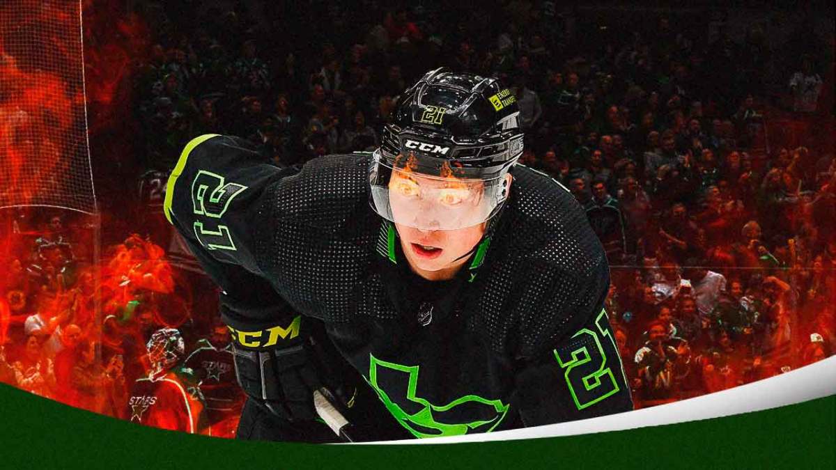 Stars star Jason Robertson reacts to his hat trick against the Oilers.